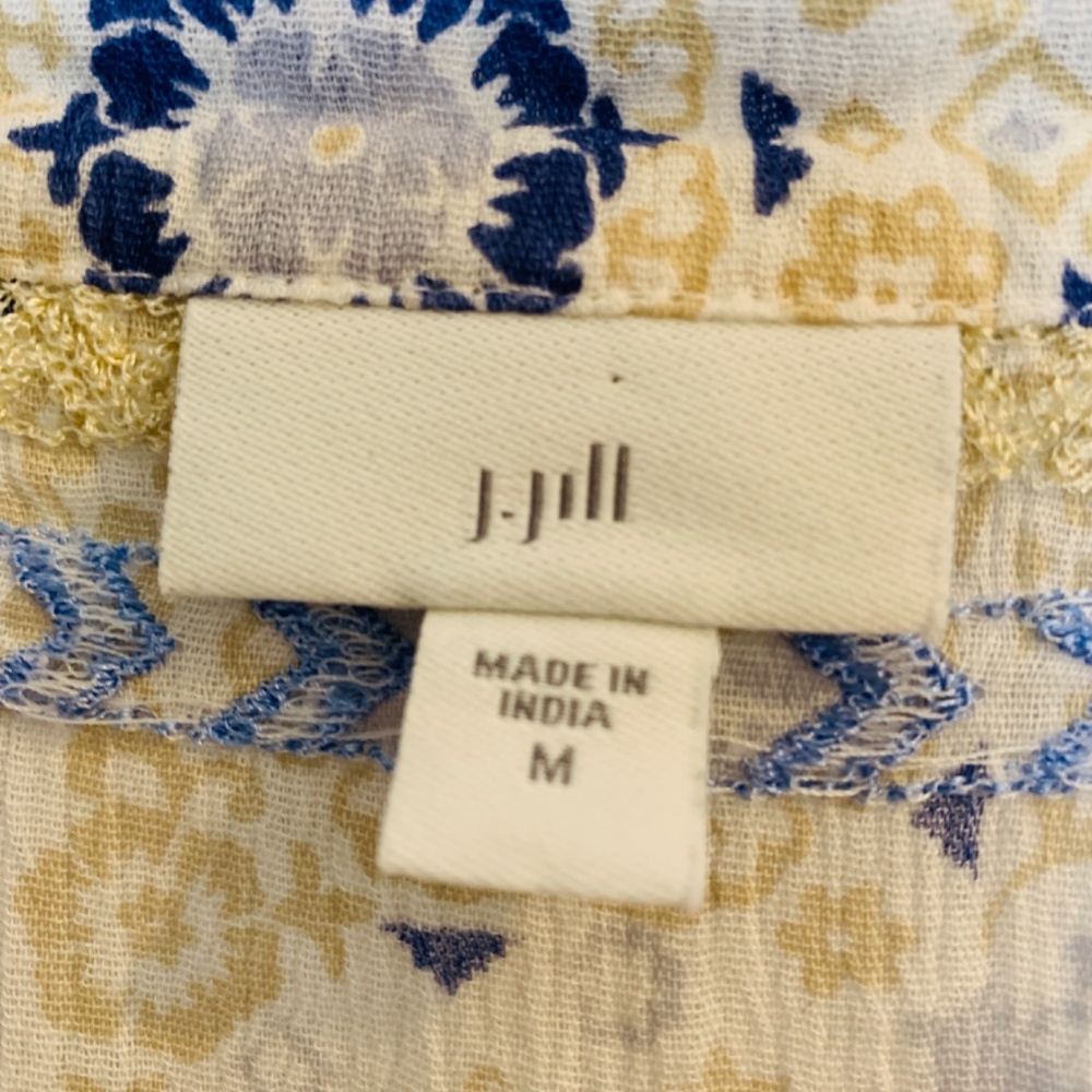 J. Jill Peasant Top Size Medium Tassel Hem Cream Blue Tan Flowy Embroidered Boho - Picture 3 of 16